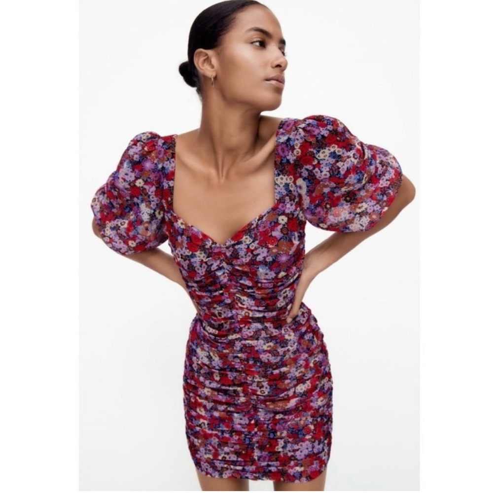 NWT Zara short sleeve puff ruched floral dress small - Picture 7 of 8